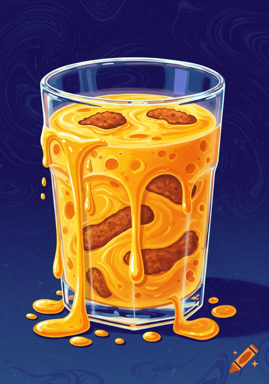 Glass of thick, dripping yellow liquid with brown chunks inside and floating.