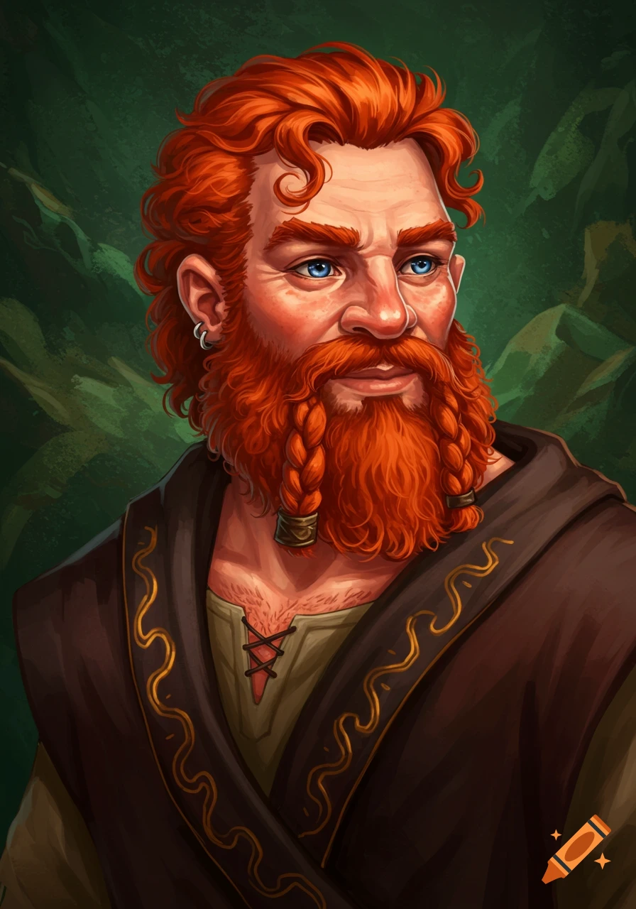 A man with red curly hair, blue eyes, and a long braided red beard, wearing a brown hooded robe against a green background.