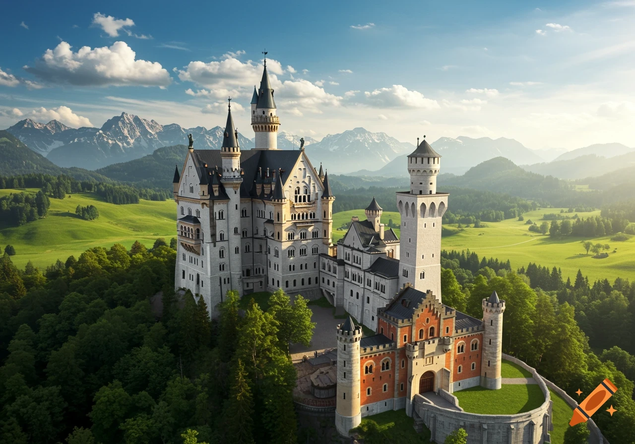 A majestic castle on a hill overlooks a valley with mountains under a sunny sky.
