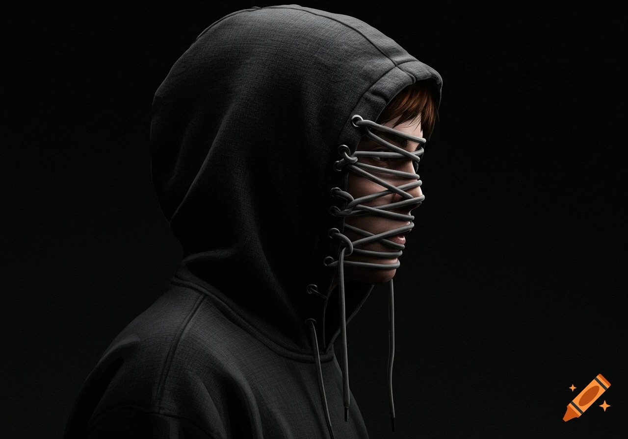 Side view of a person in a dark hoodie with laces tied across their face on a black background.