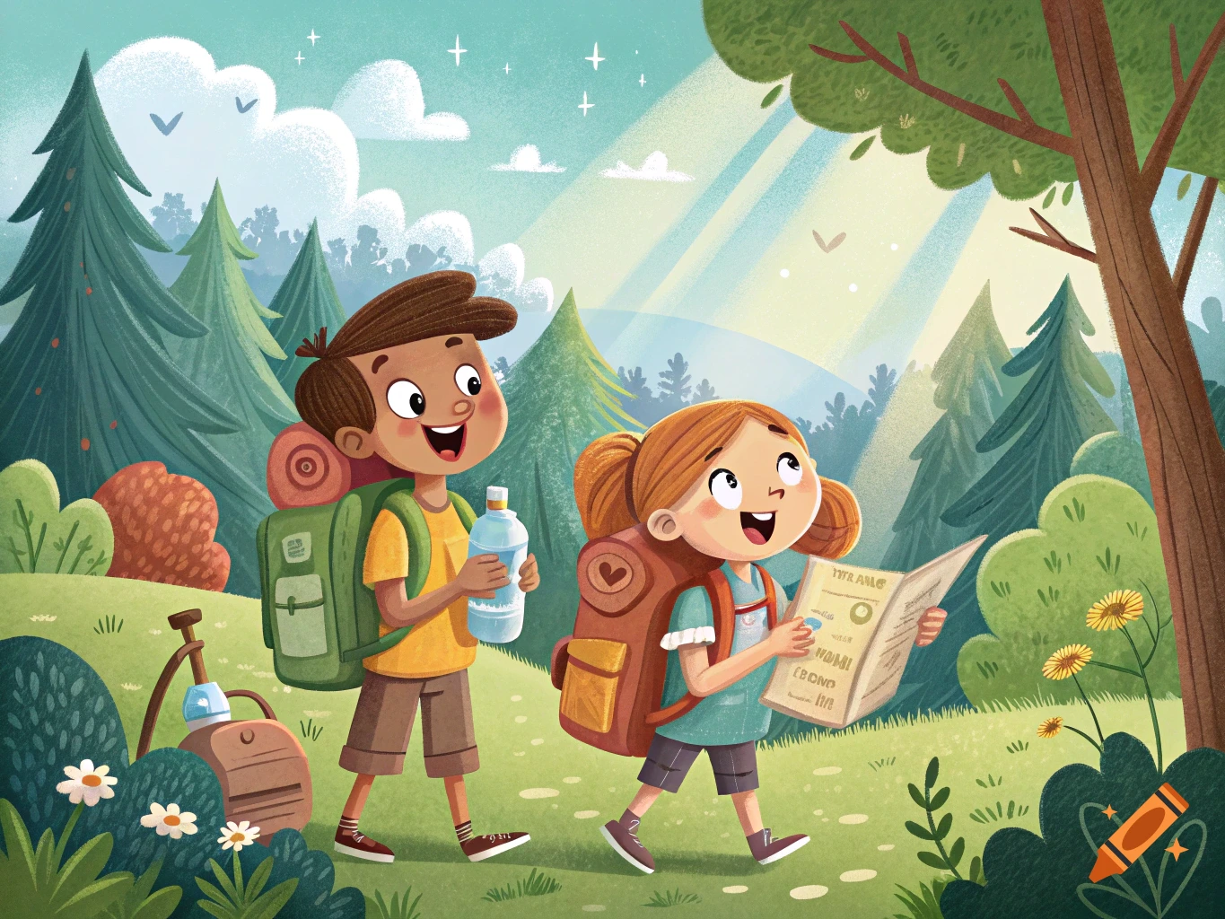 Illustration of two cartoon kids hiking in a sunny forest with backpacks, map, and water.