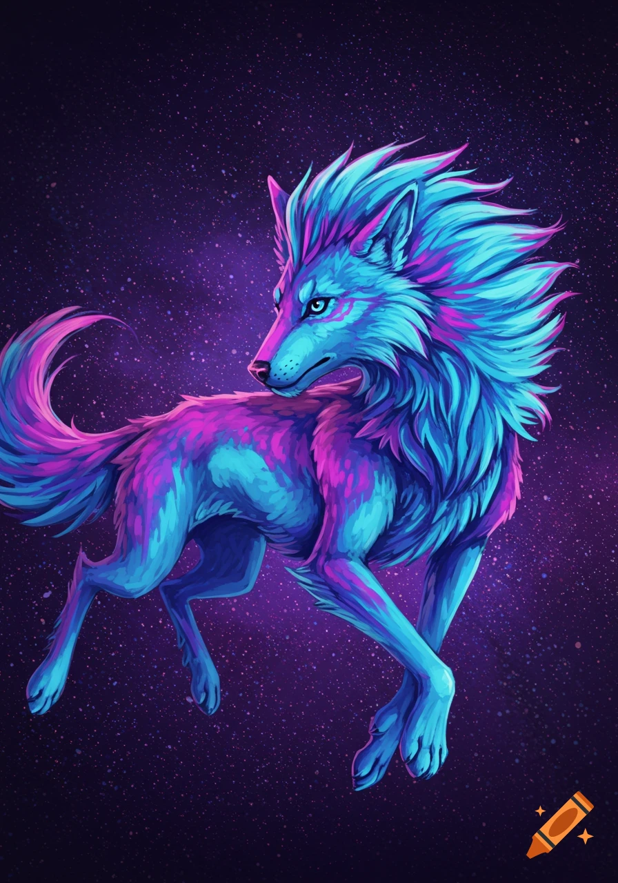 A stylized wolf in vibrant blue and purple colors stands against a starry purple galaxy background.