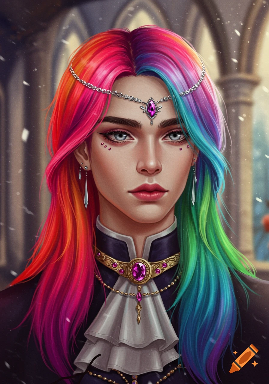 A person with rainbow hair and fantasy attire