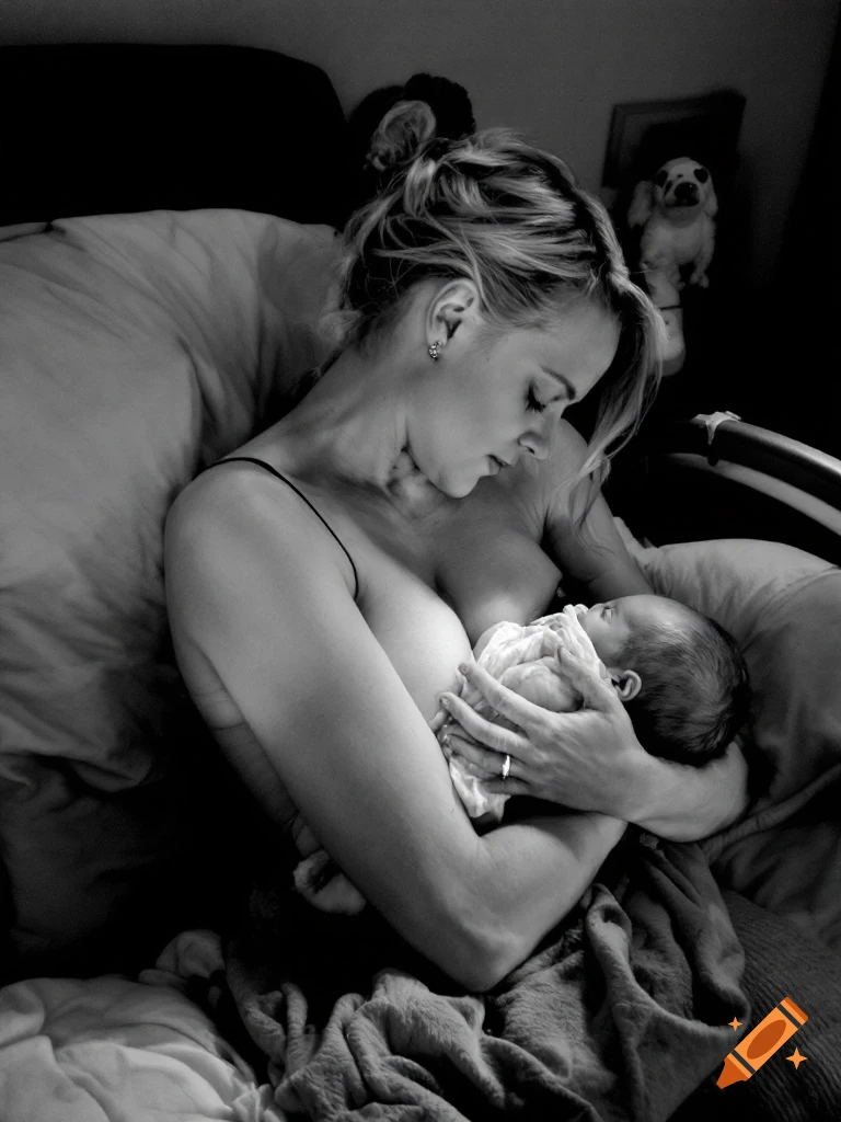 Black and white photo of a woman breastfeeding a baby, holding the infant close.