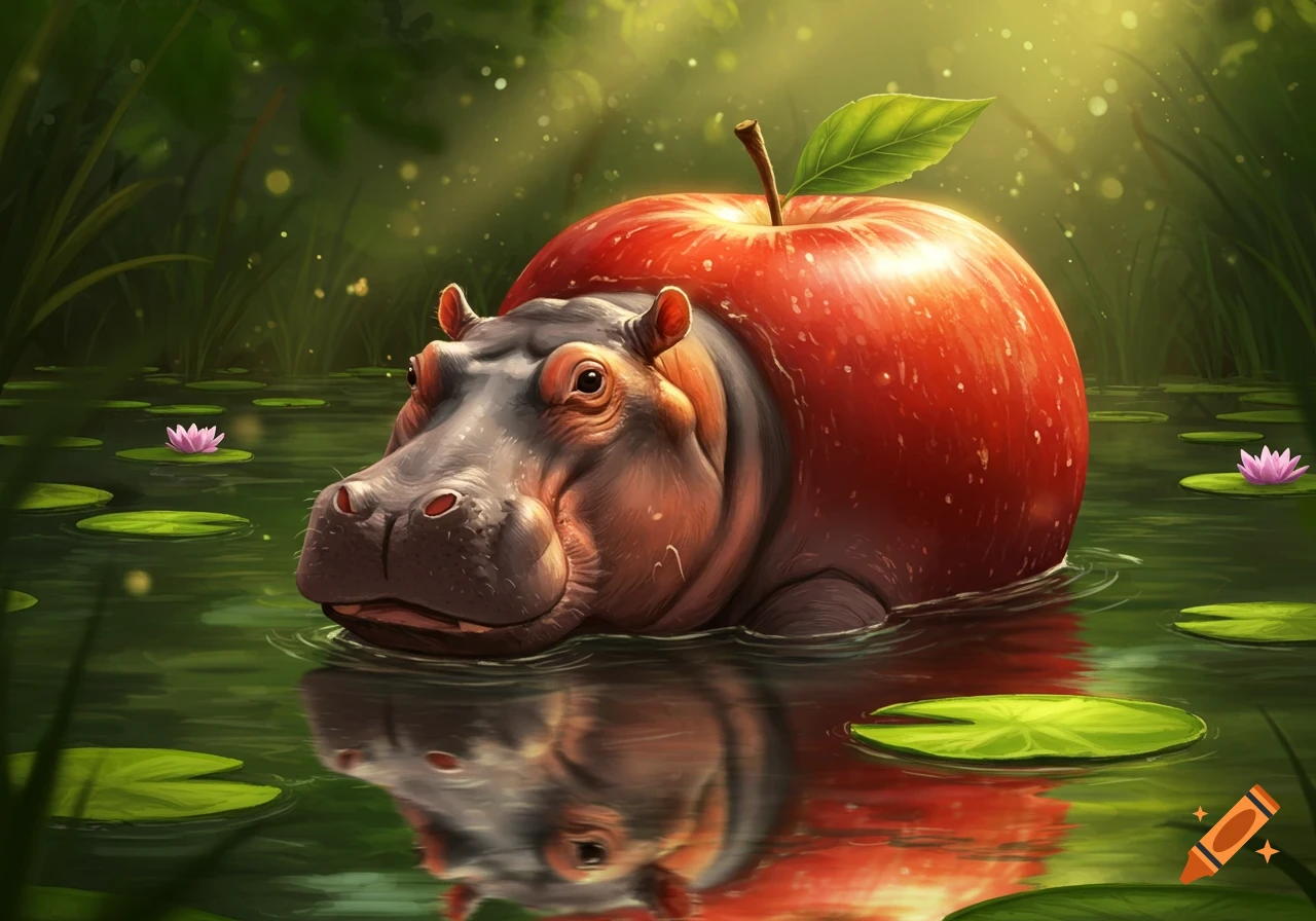 A hippo with an apple fused onto its back, sitting in a pond with lily pads.