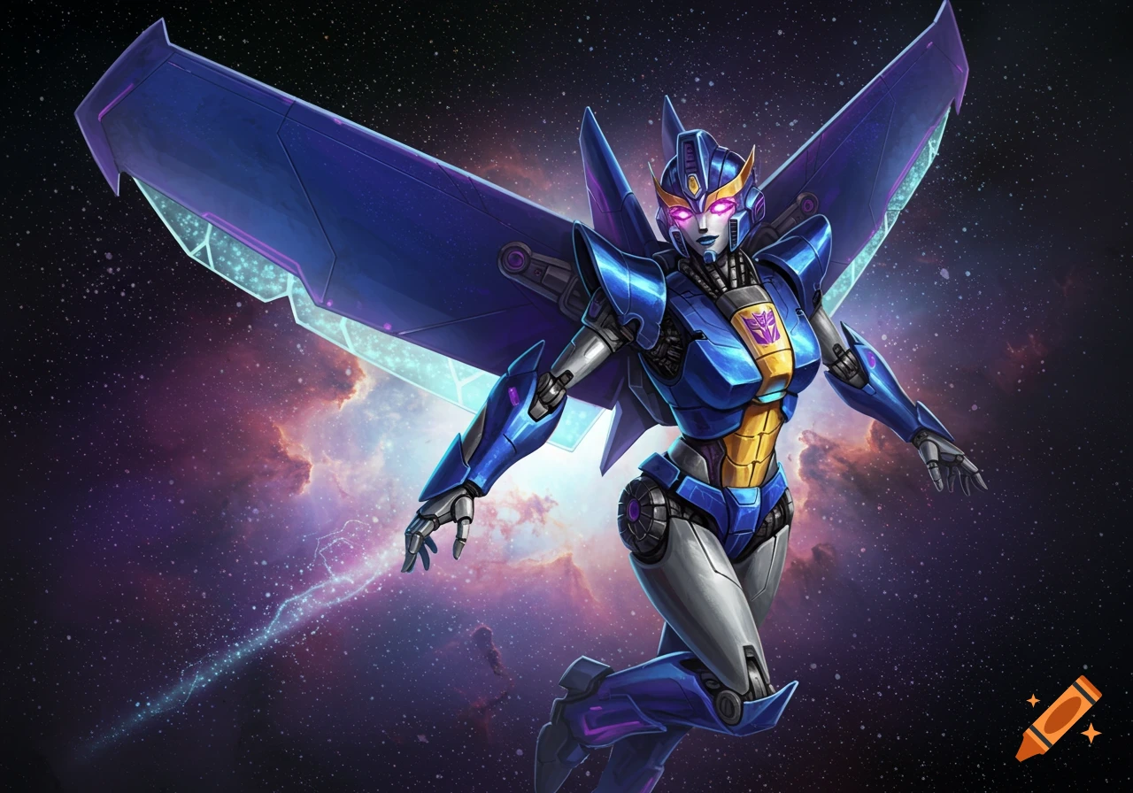 A blue and silver female robot with wings flies through a galaxy nebula, digital art