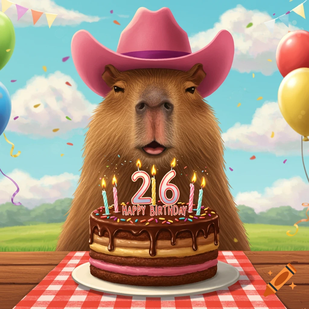 A capybara in a pink cowboy hat looks at a birthday cake with 'HAPPY BIRTHDAY' and '216' numbers.
