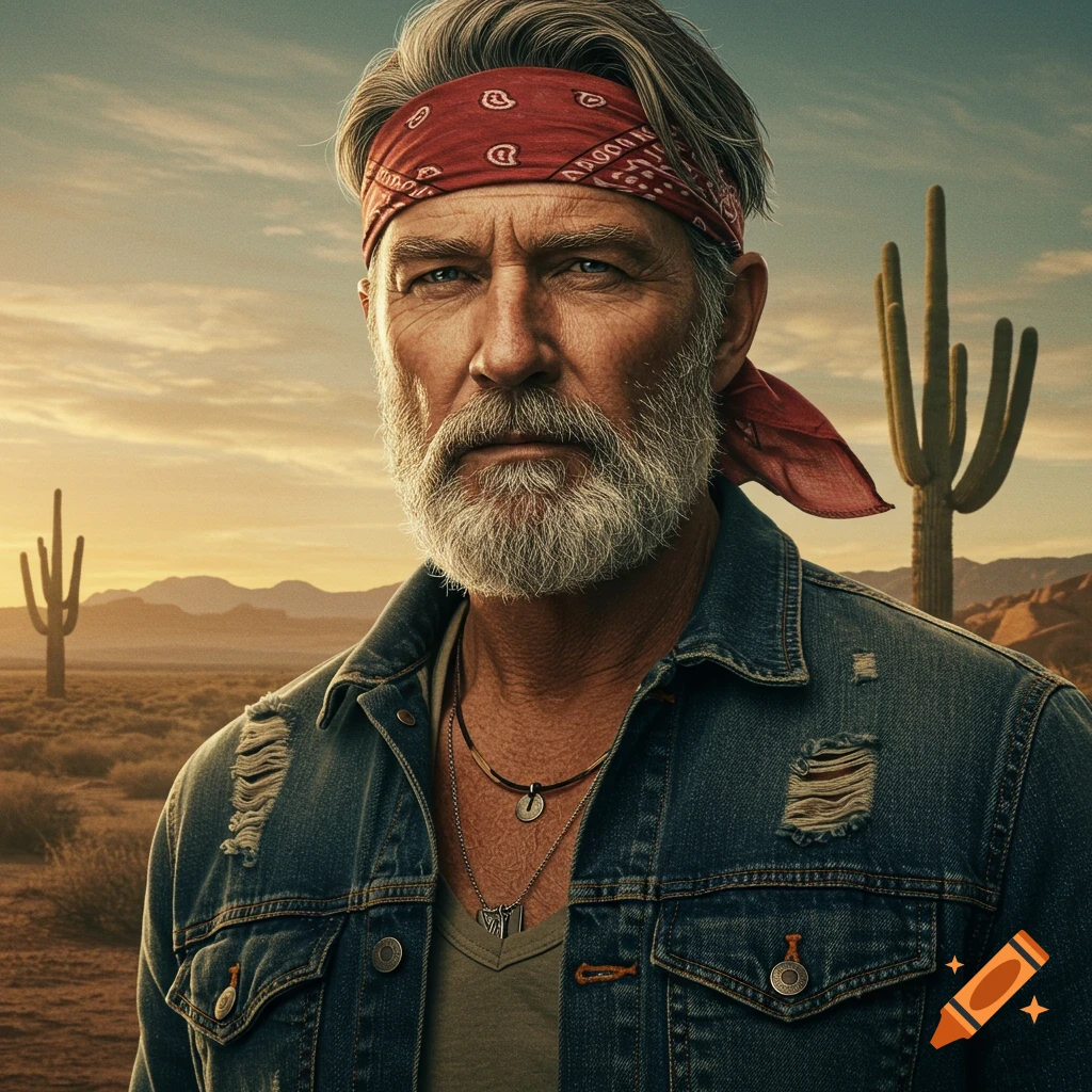 A man in a red bandana and denim jacket in a desert.