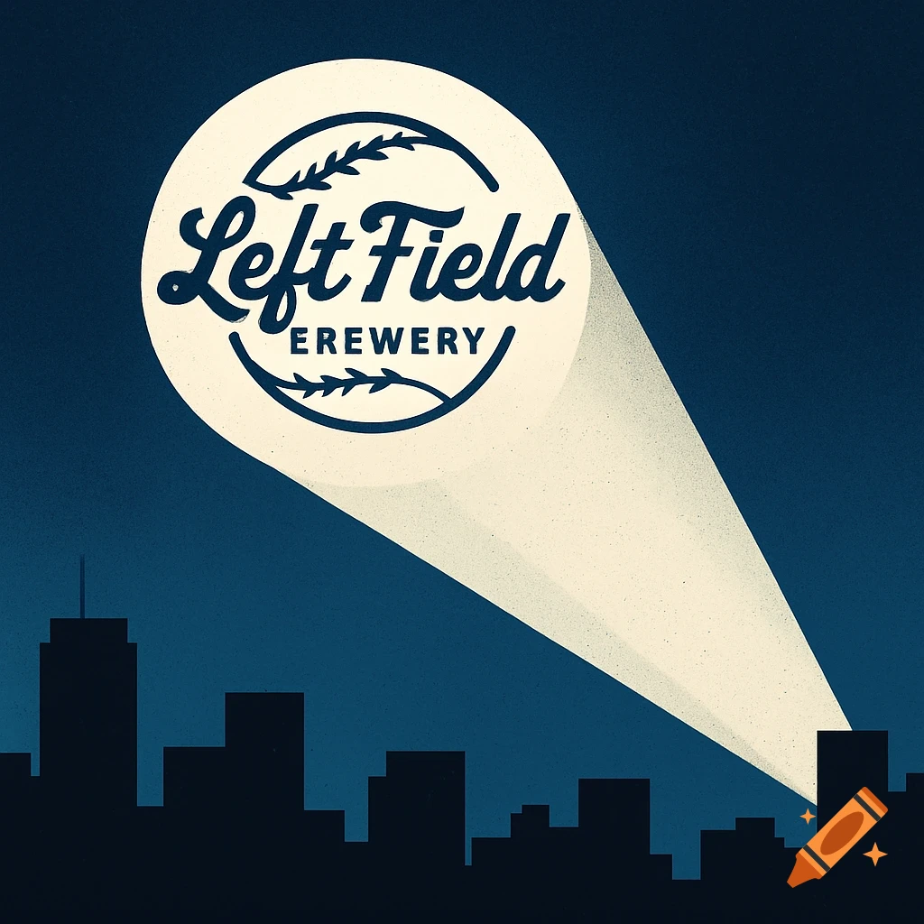 A searchlight projects the Left Field Brewery logo onto a dark sky above a city silhouette.