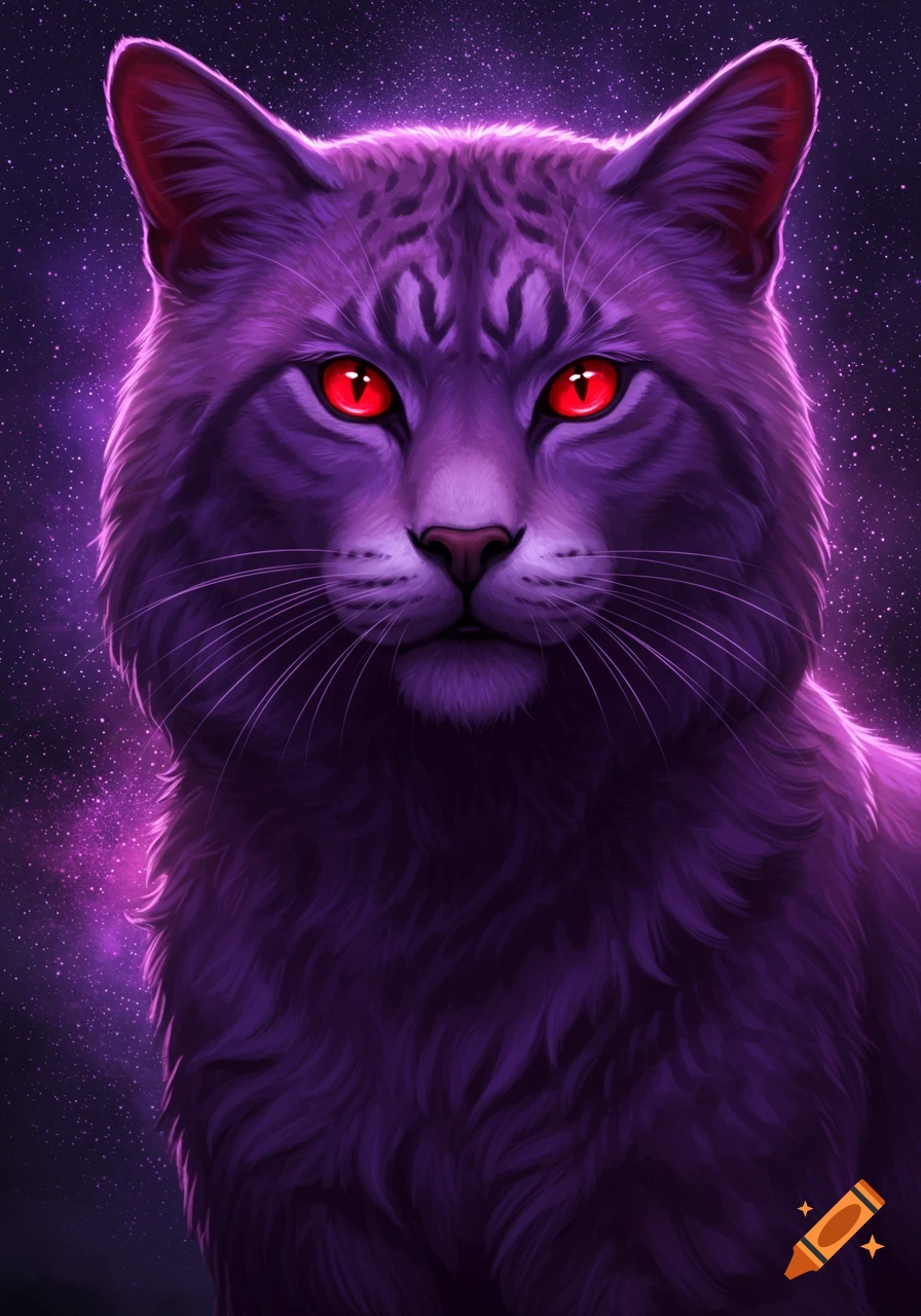 A purple cat with glowing red eyes against a starry background.