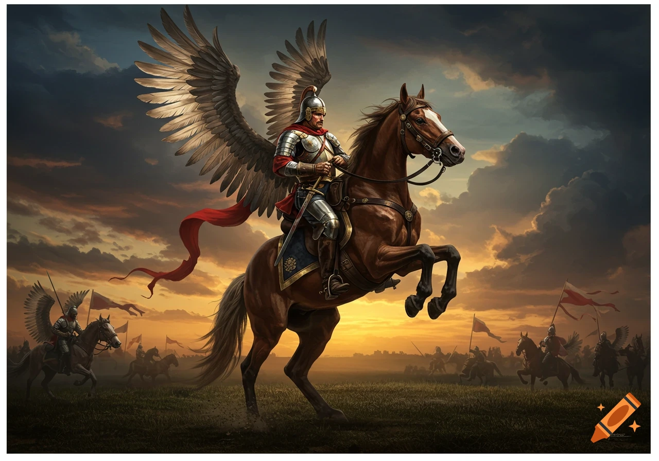 A Polish winged hussar on a rearing horse during a battle at sunset.