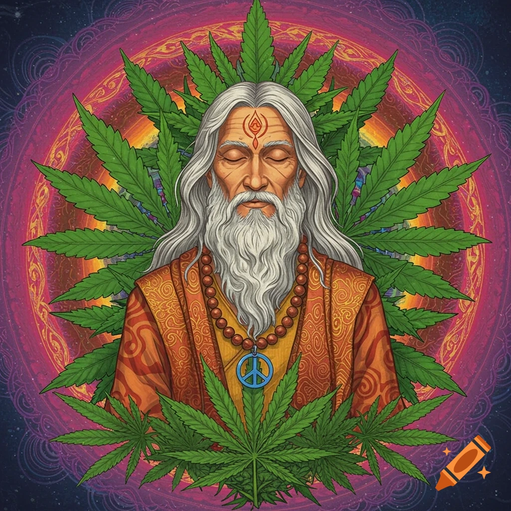 Psychedelic illustration of a meditating guru surrounded by cannabis leaves and a peace symbol