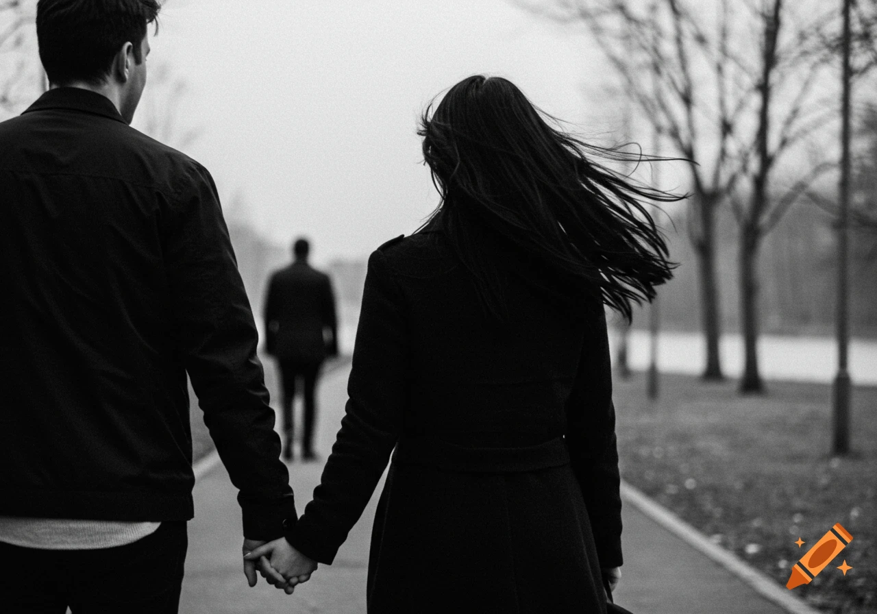 Black and white photo of a couple holding hands walking away, with another person in the distance.