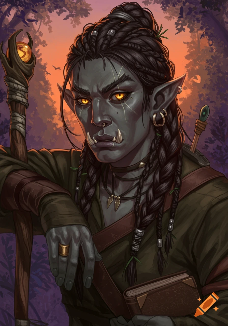 A portrait of a female half-orc with grey-green skin, golden eyes, braided dark hair, holding a staff and a book.