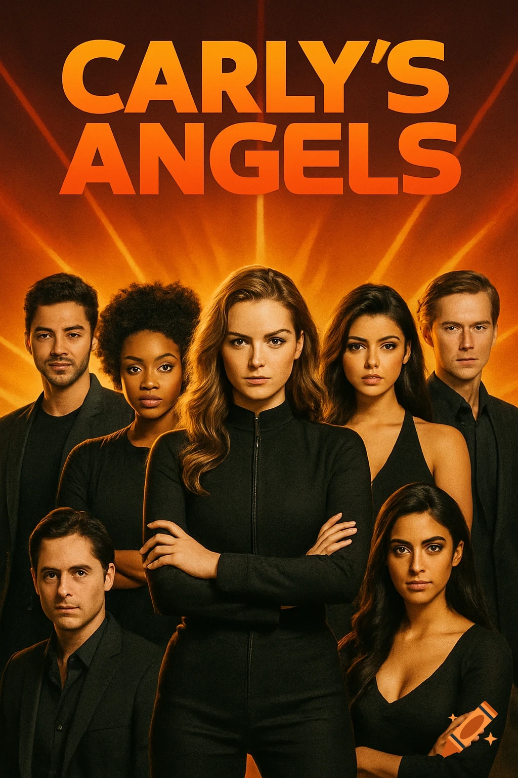 Movie poster for Carly's Angels featuring six people in black against an orange background.