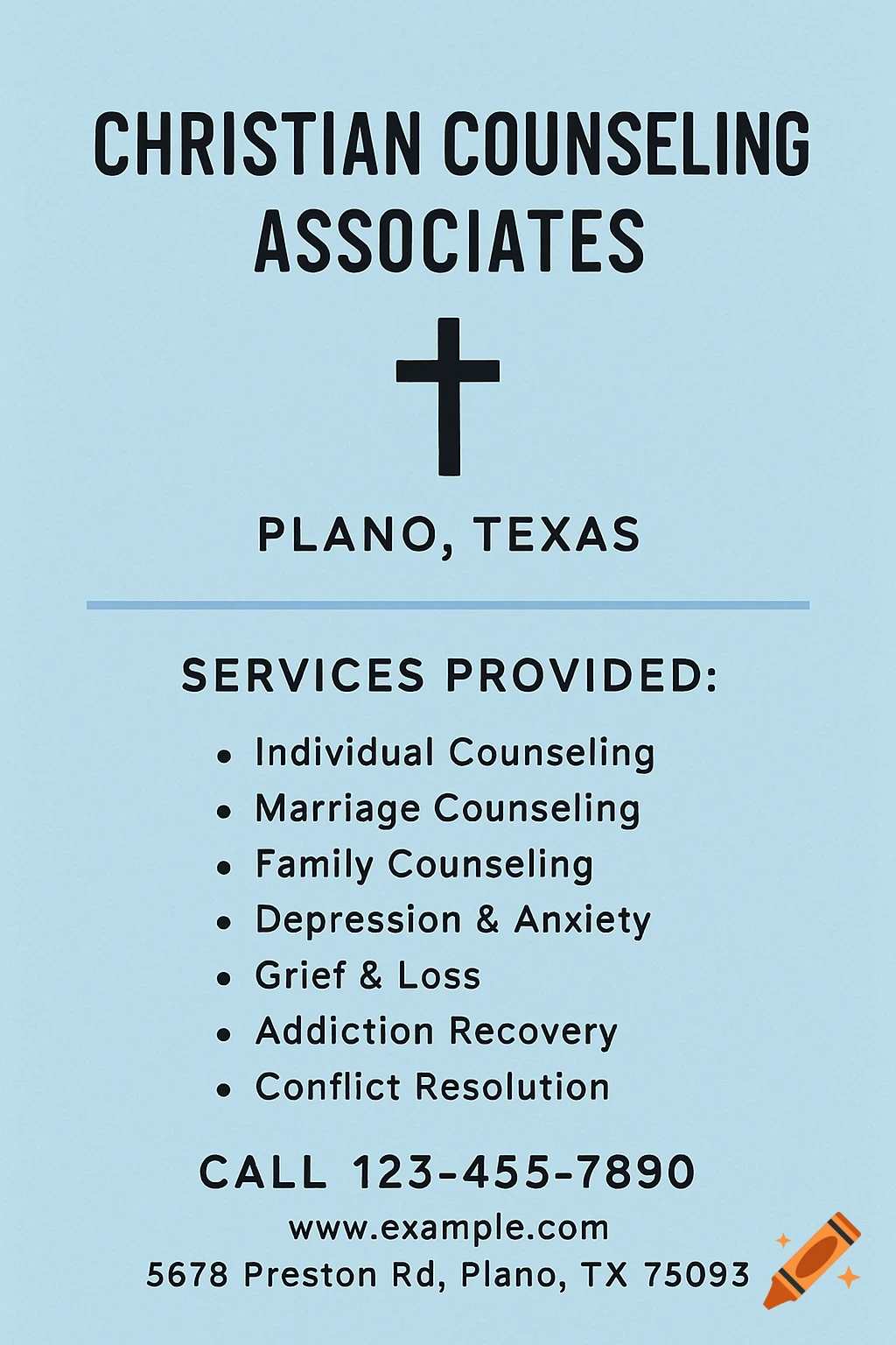 Flyer for Christian Counseling Associates with services, contact info, and cross symbol.