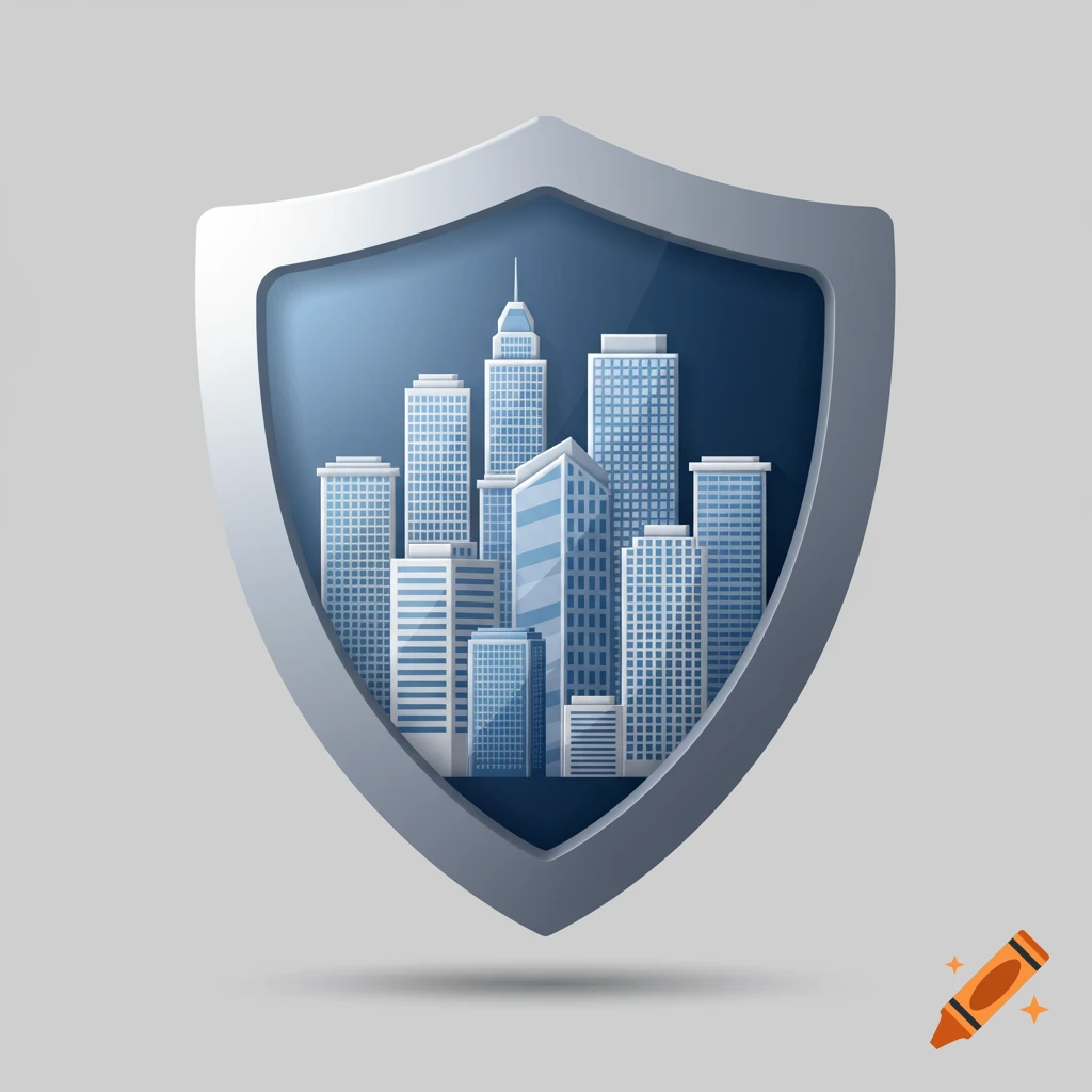 Digital illustration of business buildings inside a metallic shield.