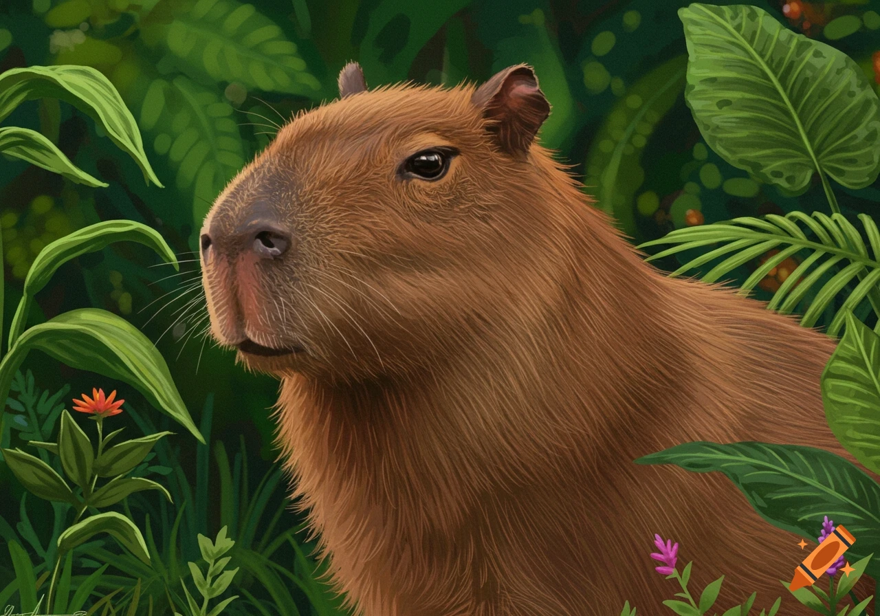 A capybara looking left in a lush green jungle.