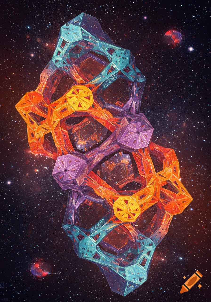 Abstract geometric sculpture made of colorful transparent shapes floating in space.