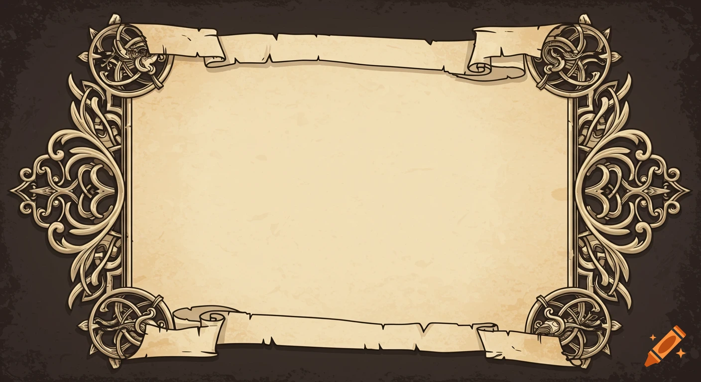 Blank parchment scroll with an ornate medieval vector graphic frame.