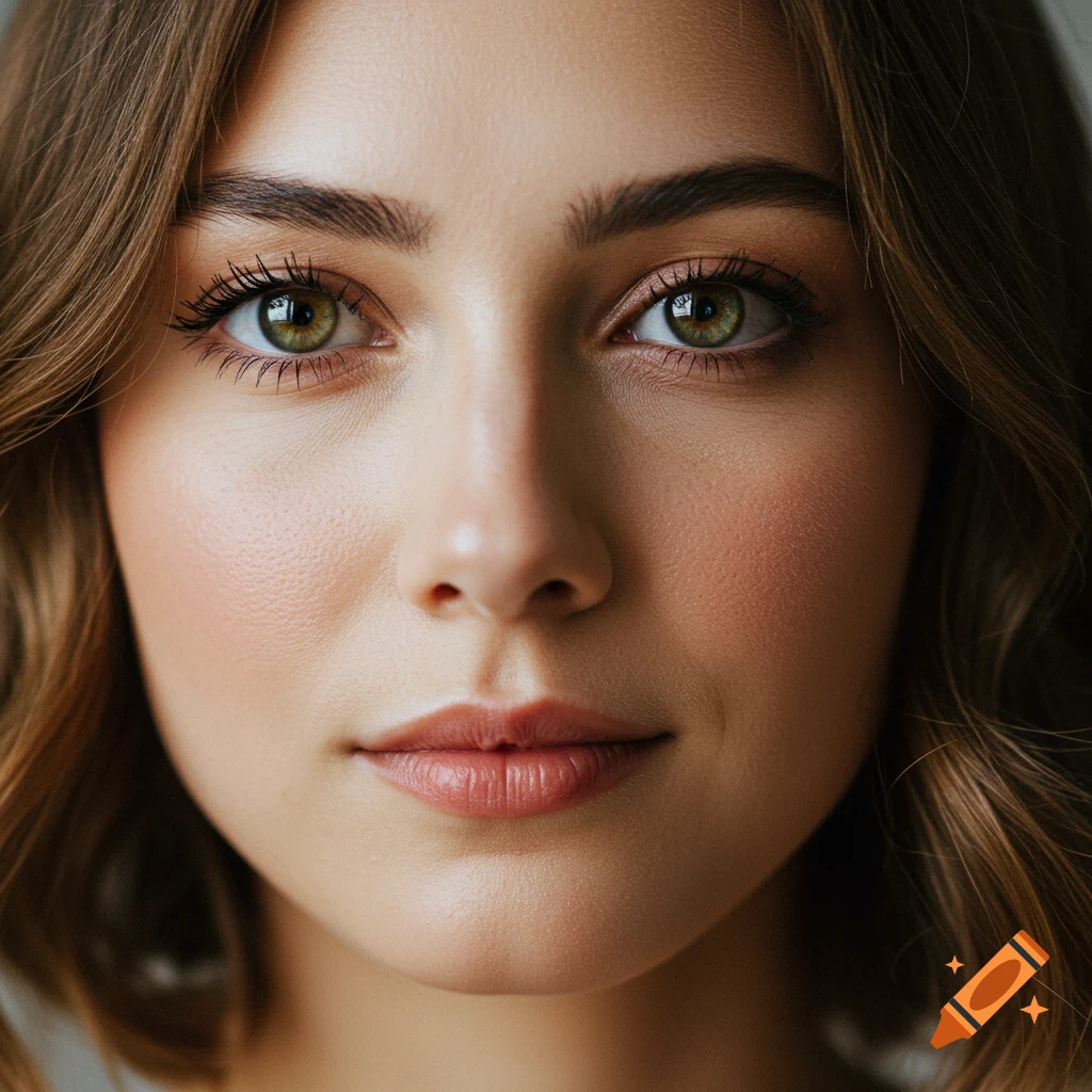Close-up portrait of a woman's face with green eyes.