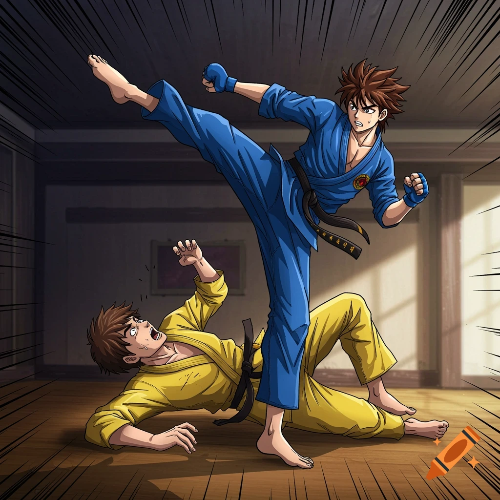 Two martial artists in a dynamic comic book style. One in a blue gi delivers a high kick to another in a yellow gi who is falling backward on the floor of a dojo.