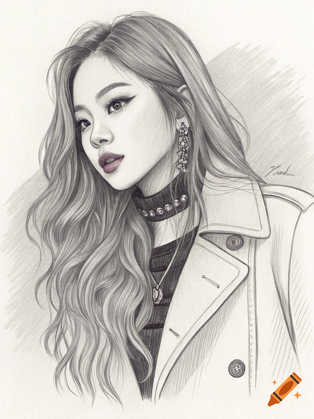 Pencil sketch portrait of a woman in a coat and jewelry.