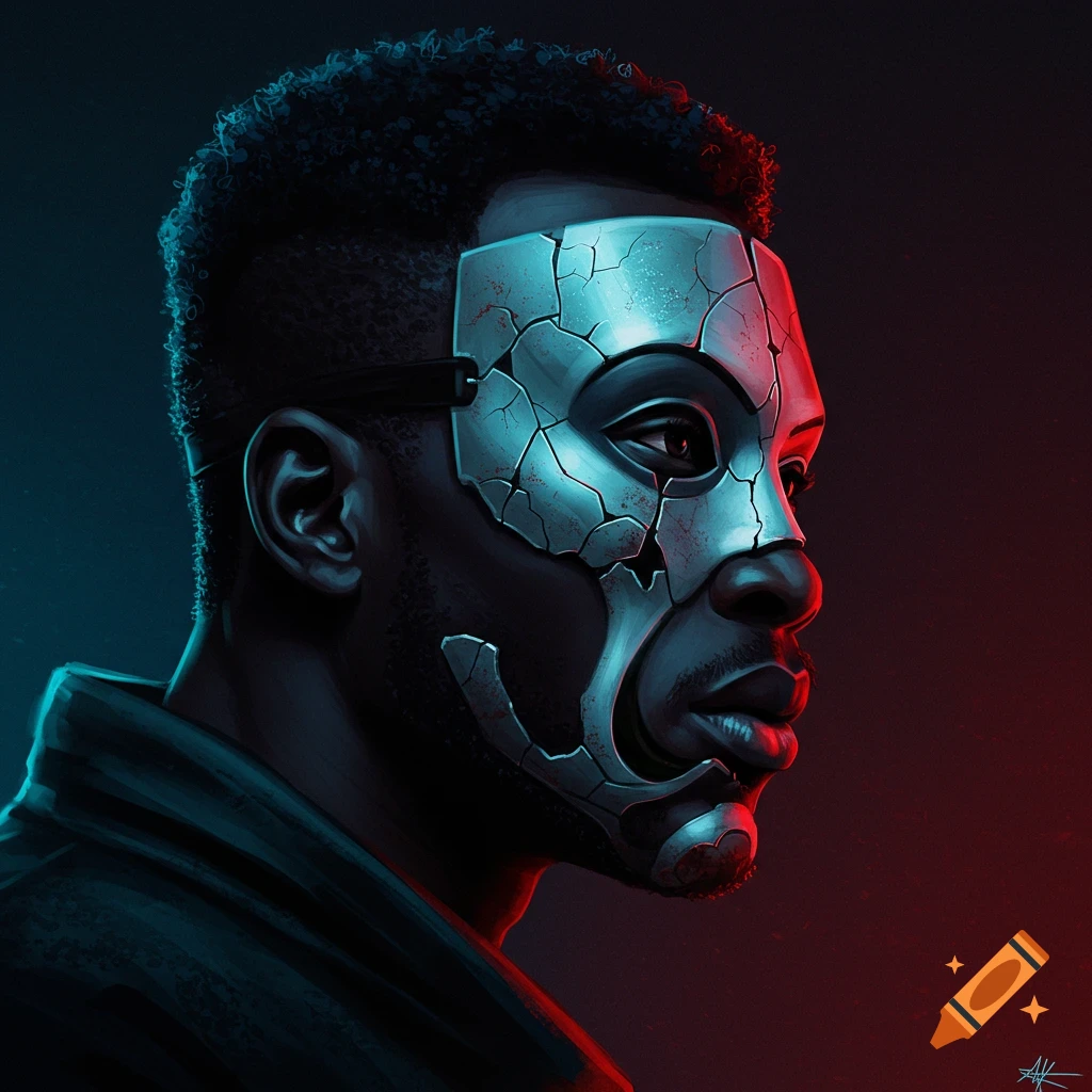 Side profile of a man wearing a cracked mask under blue and red lighting.