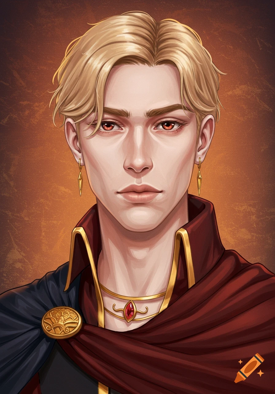 A man with blond hair and red eyes wears a fantasy cape and gold jewelry.