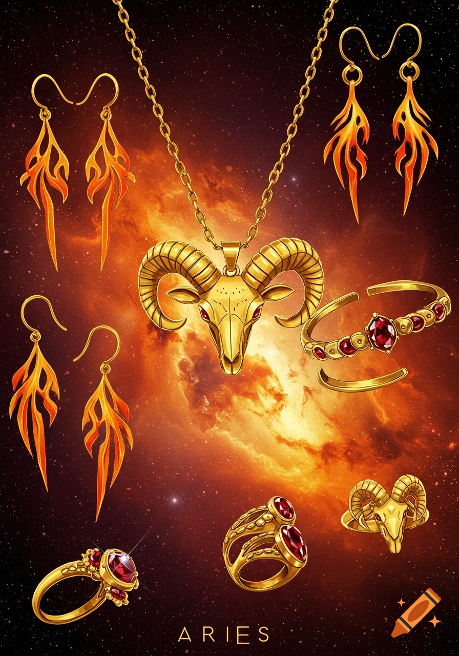 Gold Aries zodiac jewelry including a ram's head pendant, flame-like earrings, and rings with red gems against a fiery space background.