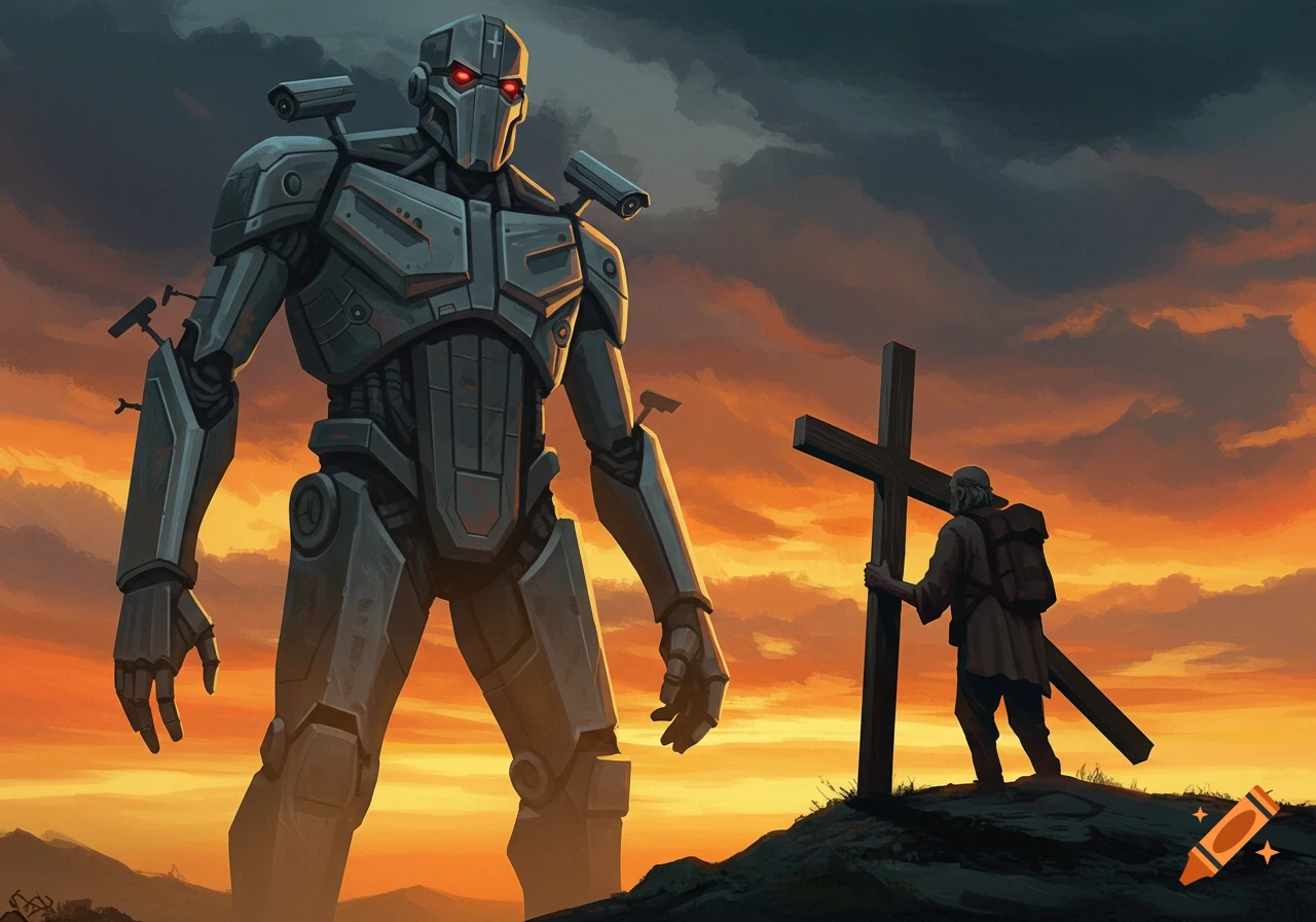 A giant robot stands before a man carrying a cross on a hill against a dramatic sunset.
