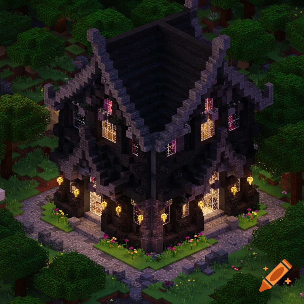 Isometric view of a gothic-style house in Minecraft, with dark blocks and glowing windows.