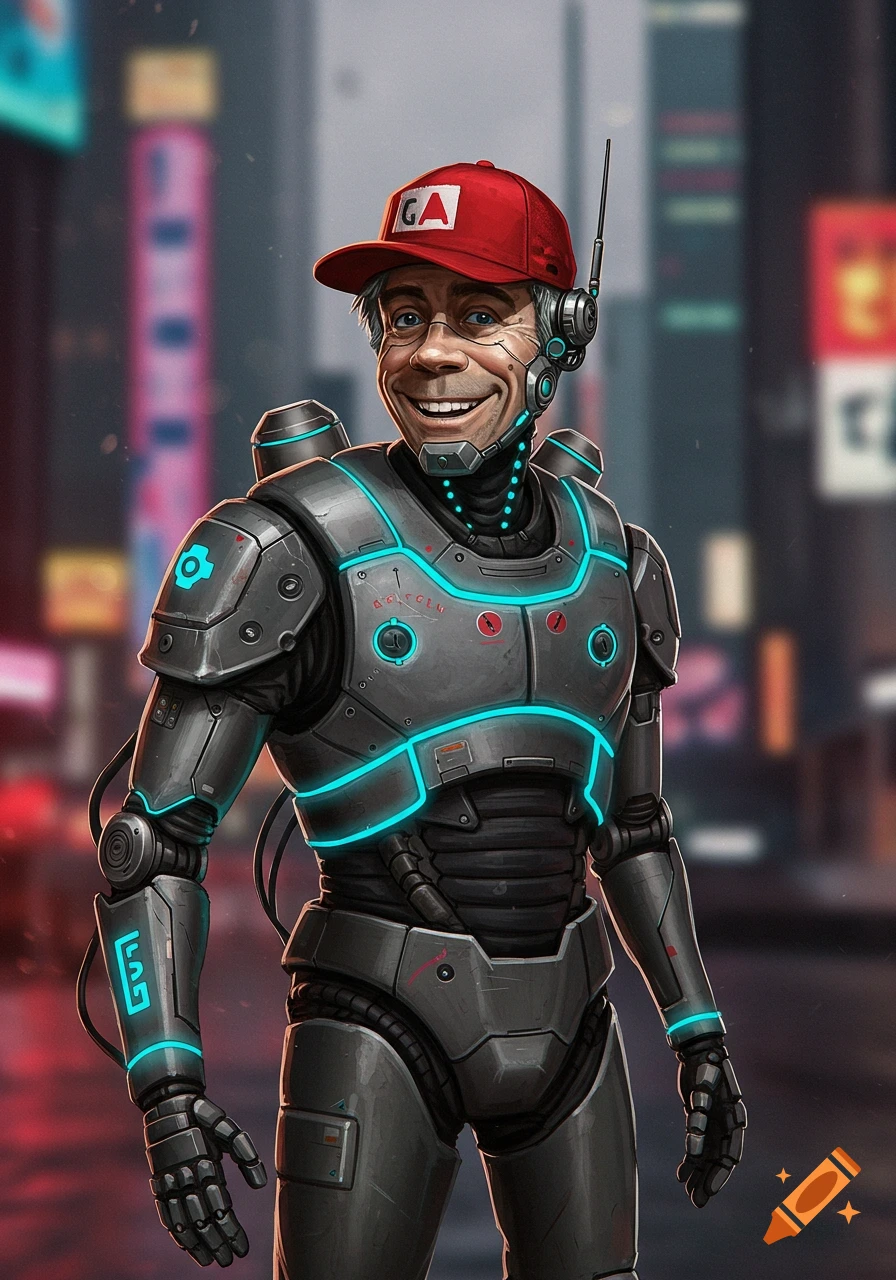 Cyborg resembling Gilligan in a red hat standing in a futuristic city.