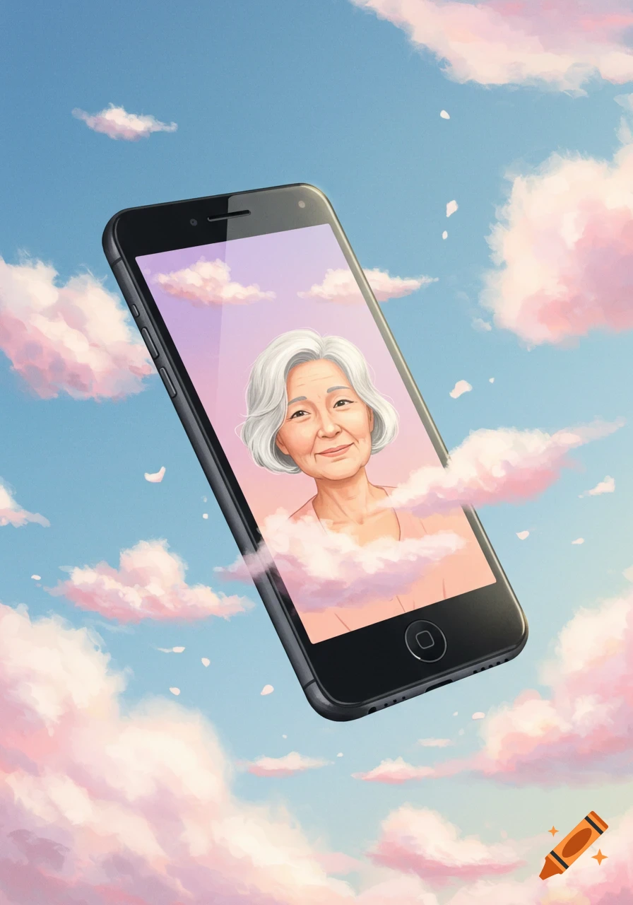 A smartphone floating in a cloudy sky displays the portrait of a senior woman on screen