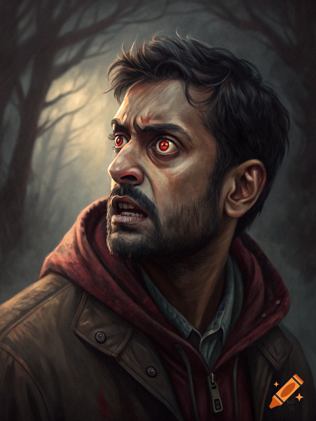 Oil painting of a frightened man with glowing red eyes in a dark forest.