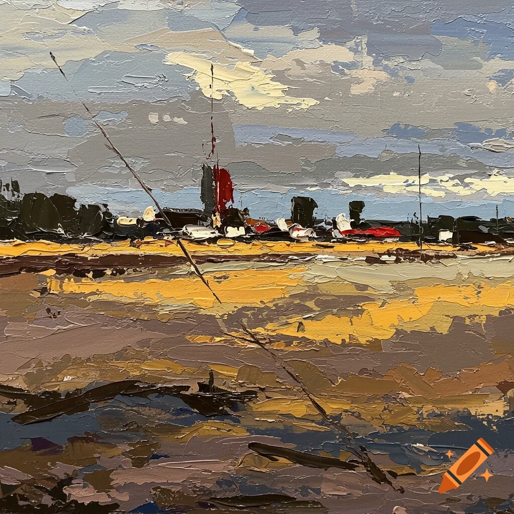 Impasto abstract landscape painting of a body of water, distant buildings, and cloudy sky