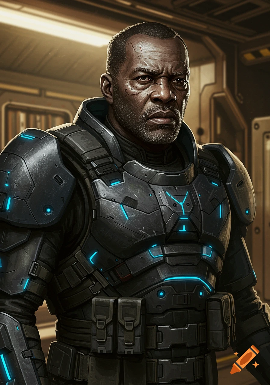a rugged sci-fi soldier in futuristic armor