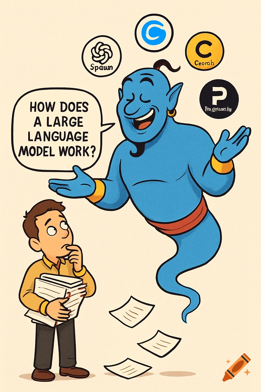 Cartoon of a man asking a genie 'How does a large language model work?'. The genie smiles and juggles logos of AI companies.