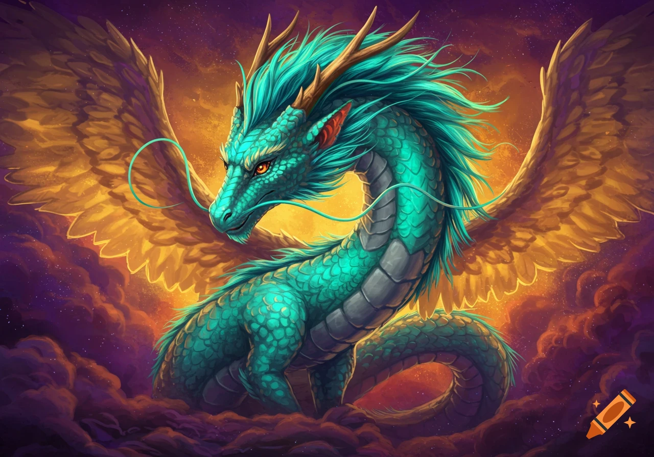 A turquoise dragon with golden wings and whiskers in the clouds.