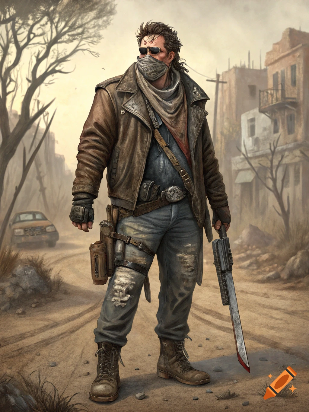 A man in a post-apocalyptic outfit stands in a ruined city holding a large knife.