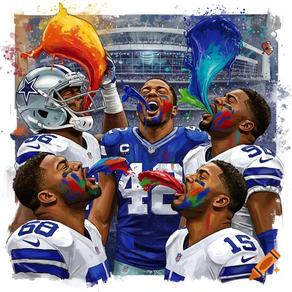 Dallas Cowboys players covered in colorful paint in front of a stadium.