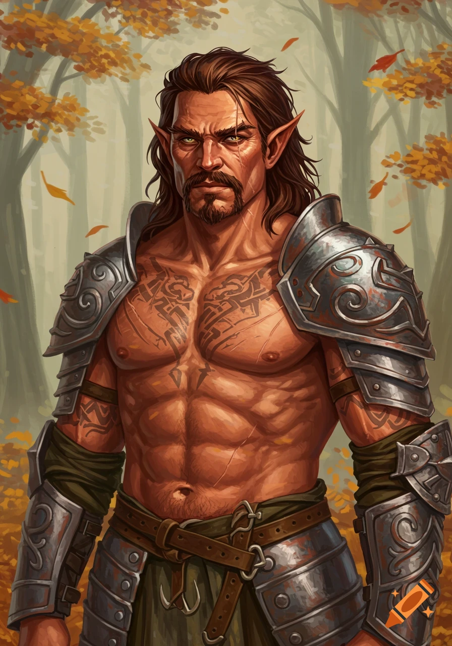 A rugged, muscular Eladrin warrior with scars and tattoos wears armor in an autumn forest.