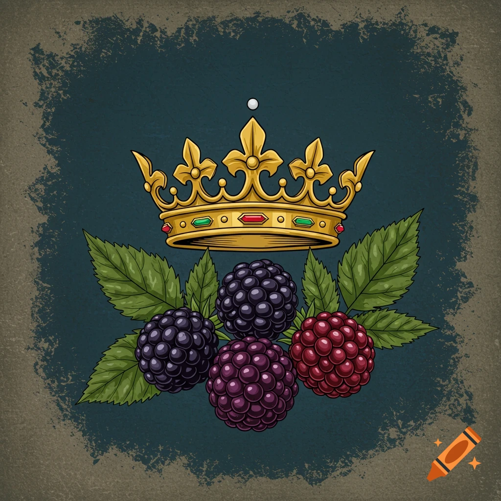 An illustration of a golden crown above four berries and green leaves on a dark textured background.