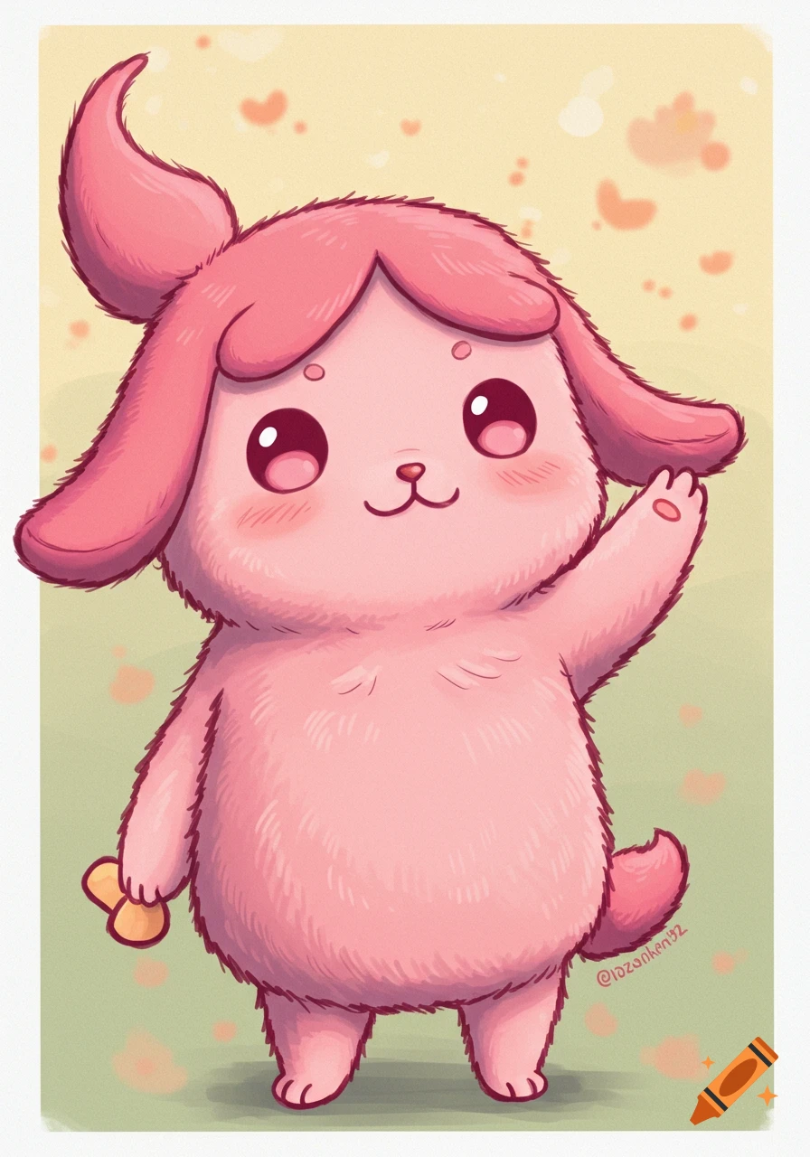 Pink fluffy cartoon character waving and holding a bone.