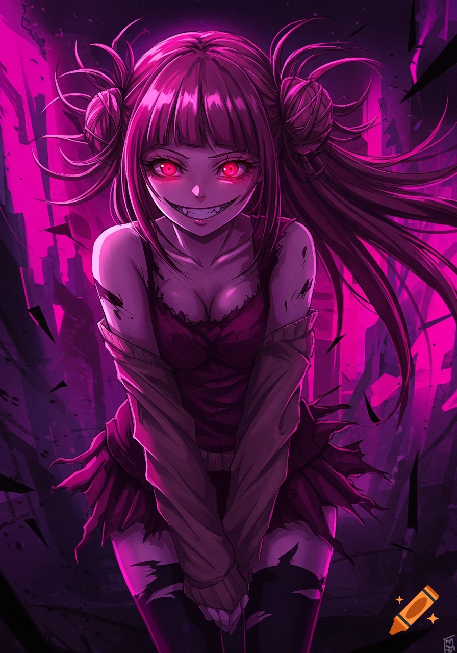 Digital art portrait of Himiko Toga from My Hero Academia, smiling menacingly with red eyes, against a dark, ruined cityscape.