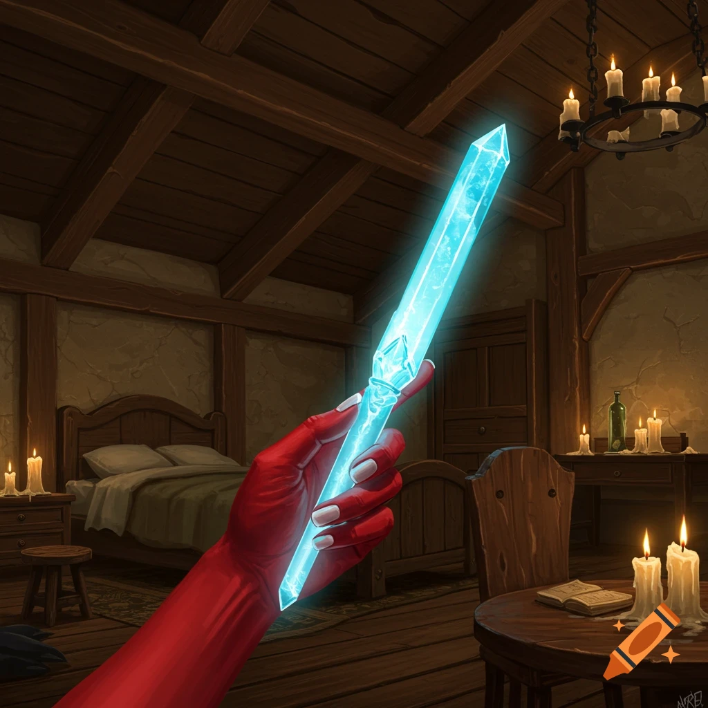 A red hand holding a glowing blue crystal in a tavern bedroom.