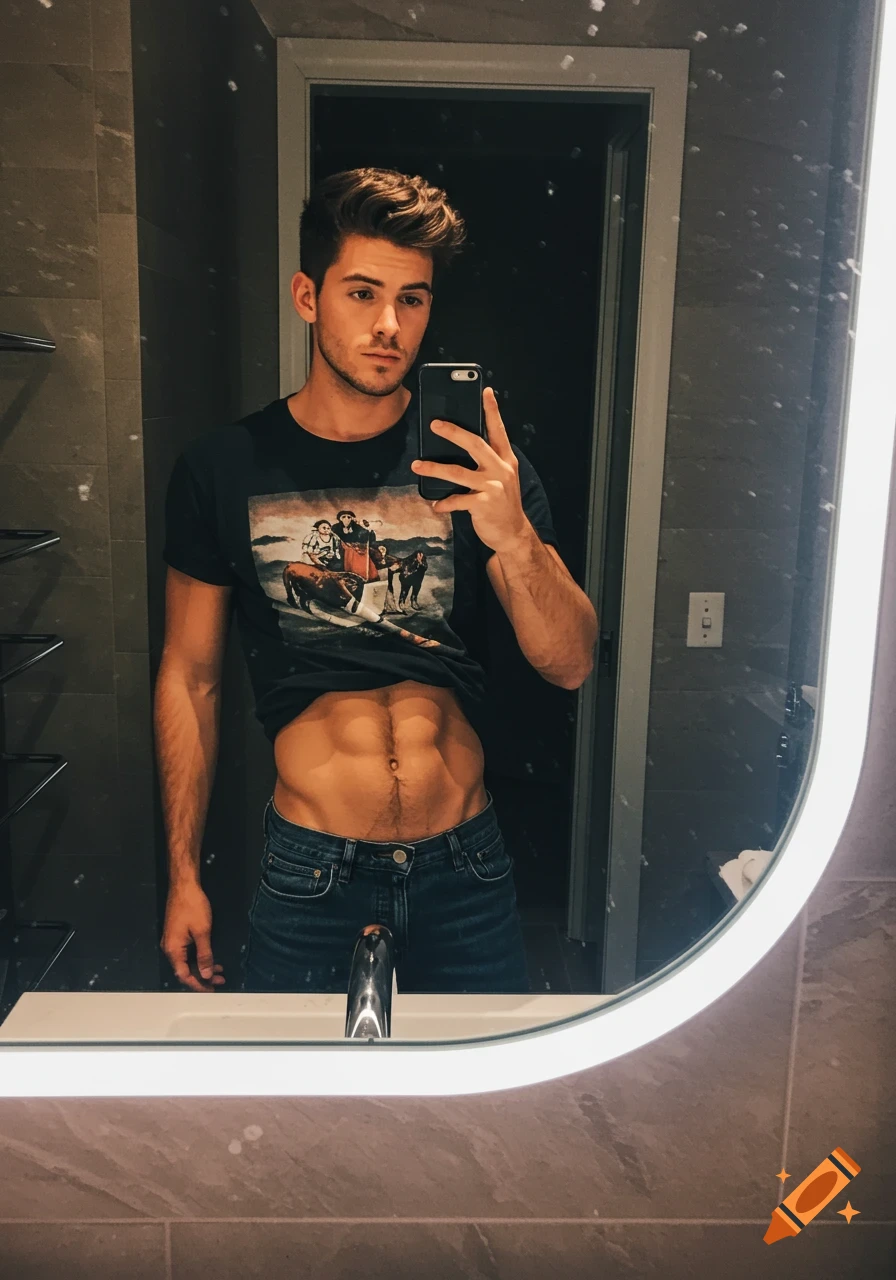 Man taking a mirror selfie showing his abs in a bathroom