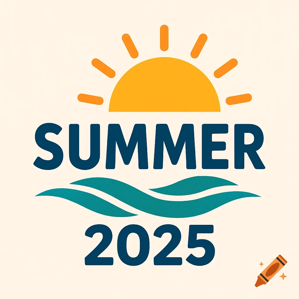 Logo with sun, waves, and text Summer 2025.