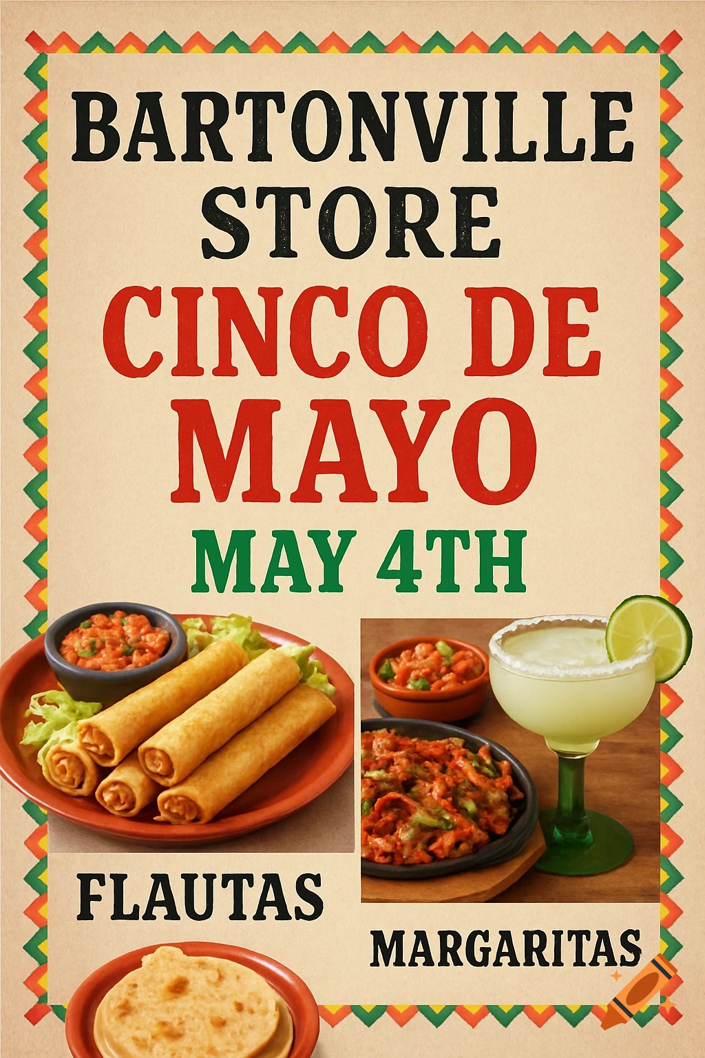 Flyer for Bartonville Store Cinco de Mayo on May 4th, featuring flautas, margaritas, and food images.
