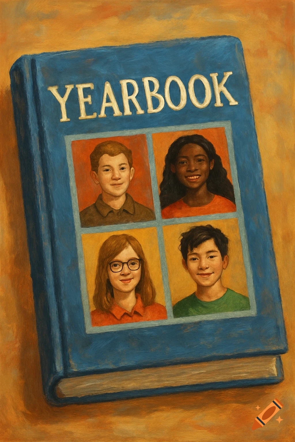 A blue book is displayed with the title 'YEARBOOK' and features four children's portraits on the cover.